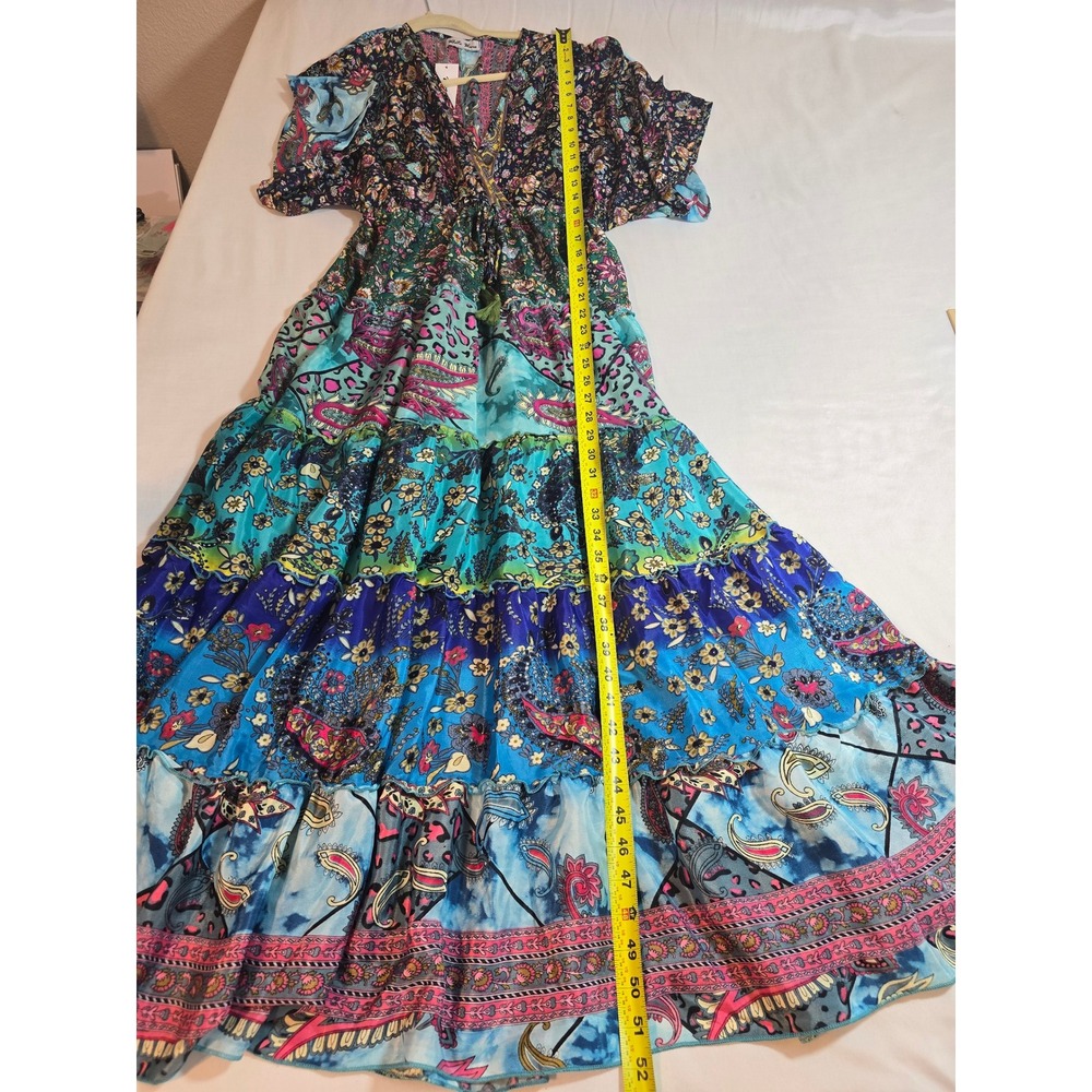 White Waves Bohemian Silk Blend Patchwork Maxi Dress Floral Paisley Tassel Blue - Picture 9 of 11